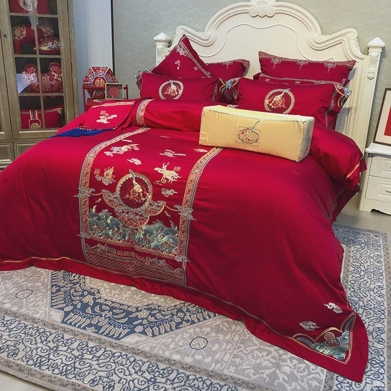 婚庆家纺结婚床上用品四件套婚被套贡缎提花红色被婚房布置
