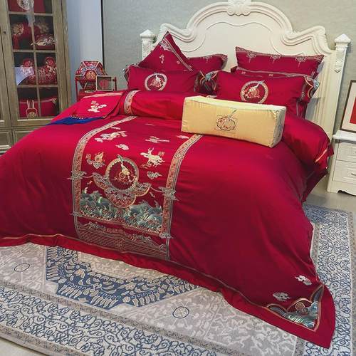 婚庆家纺结婚床上用品四件套被套红色贡缎提花婚被婚房布置