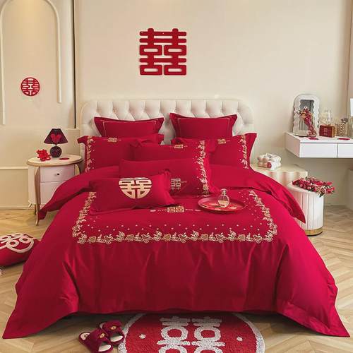 结婚大红色四件套婚庆被套床单婚房水洗棉婚嫁喜被床笠款床上用品