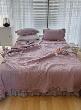 ins小清新奶黄色雪纺纱夏被三件套超柔凉感绗空调被四件套床盖缝