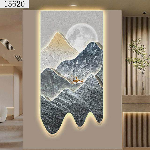 现代轻奢玄关装饰画创意个性山水led灯入户门画走廊过道尽头挂画
