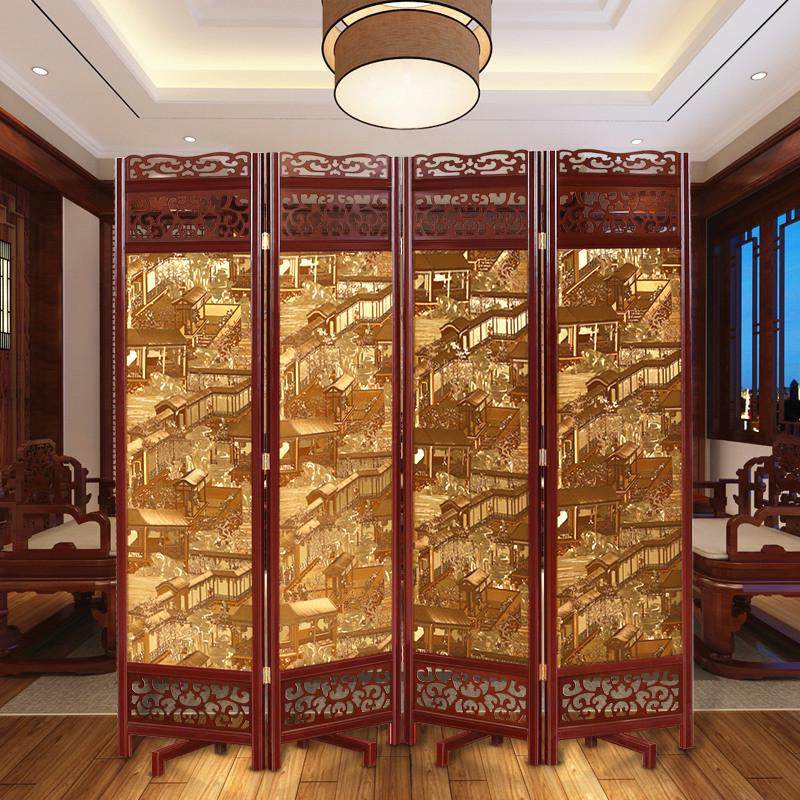 金箔中式实木屏风办公室客厅隔断酒店清明上河图移动折叠屏风双面