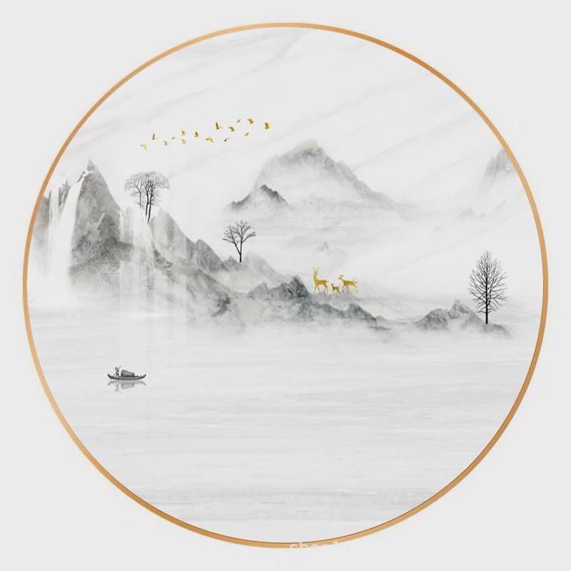 圆形led带灯入户玄关装饰画新中式山水茶室书房挂画过道走廊壁画