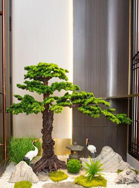 迎客酒店大型室内外新中式景观假植物松树橱窗装饰楼梯下造景