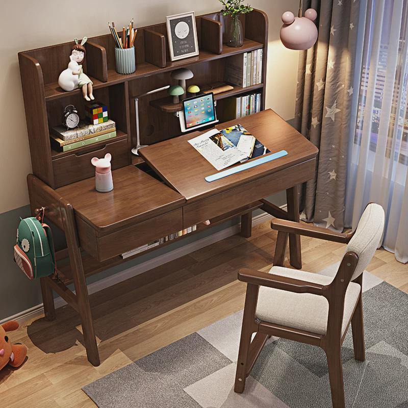 儿童学习桌椅套装家用简约书桌带书架一体写字台女孩男孩可升降桌