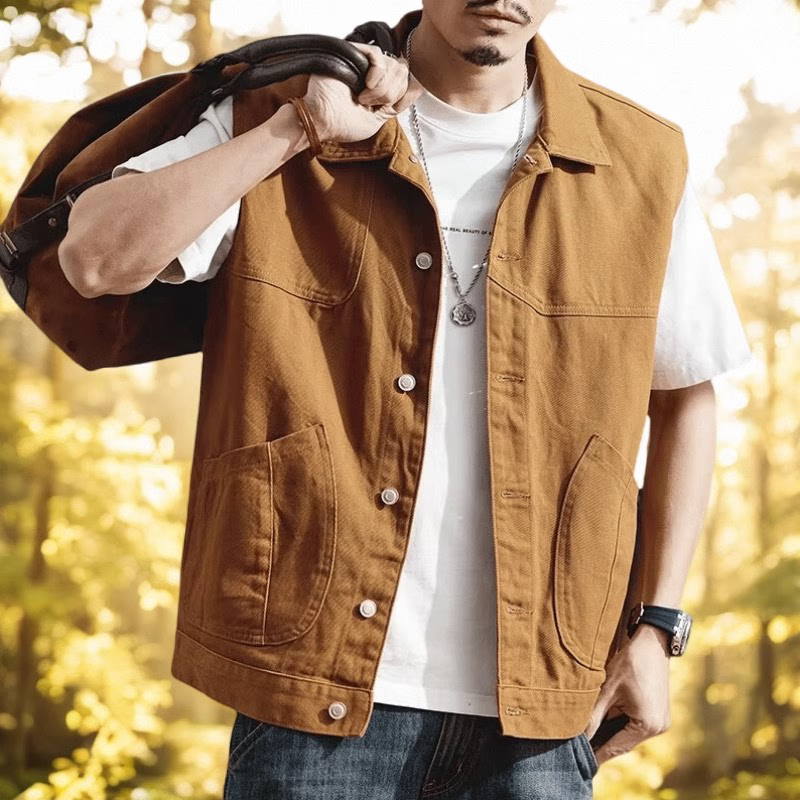 马甲男纯色美式工装时尚2025春夏季休闲户外黄色牛仔,男装,常规马甲,淘宝优惠券,粉丝福利购,淘宝优惠卷