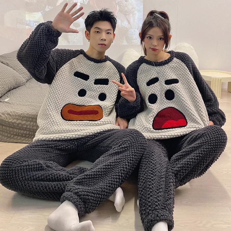 法兰绒睡衣冬情侣保暖套头女保暖珊瑚绒学生休闲加厚可爱家居服男