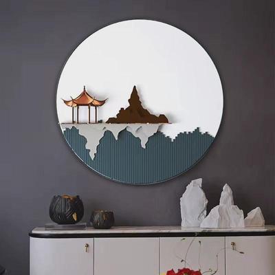 新中式圆形立体茶室背景墙装饰画玄关创意餐厅客厅挂画高端实物画