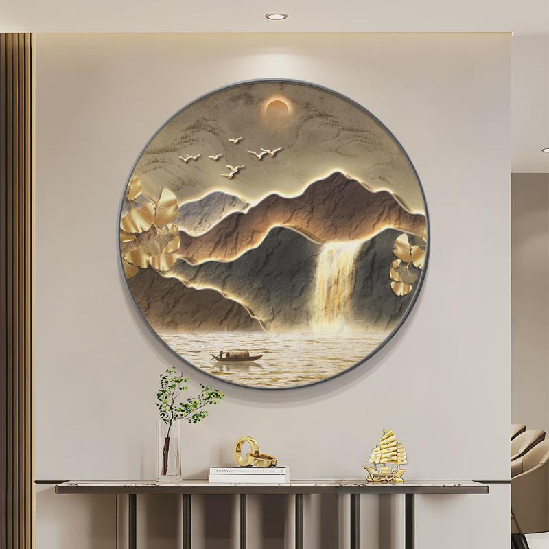现代轻奢流水生财玄关装饰画led圆形灯画客厅背景墙大气山水挂画图片