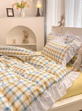 km@ins简约灰色条纹床上用品黑色花边单双人三四件套单被床学院风