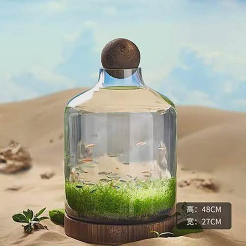 日式木底透明加厚玻璃鱼缸木托养小鱼景观生态瓶水培瓶玻璃花瓶