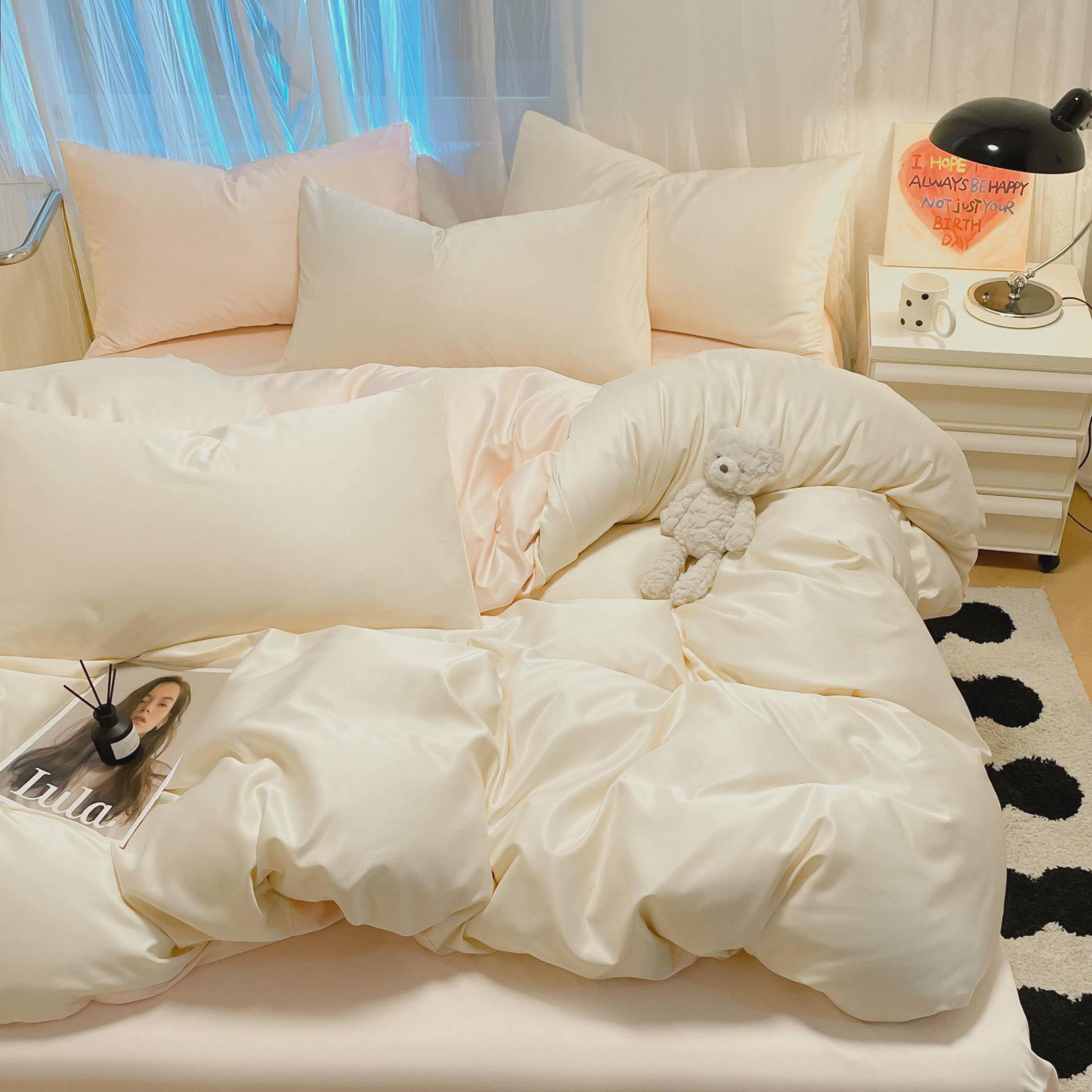 轻奢冰丝四件套夏季凉感床上用品宿舍三件套纯色简约被套床单笠丝