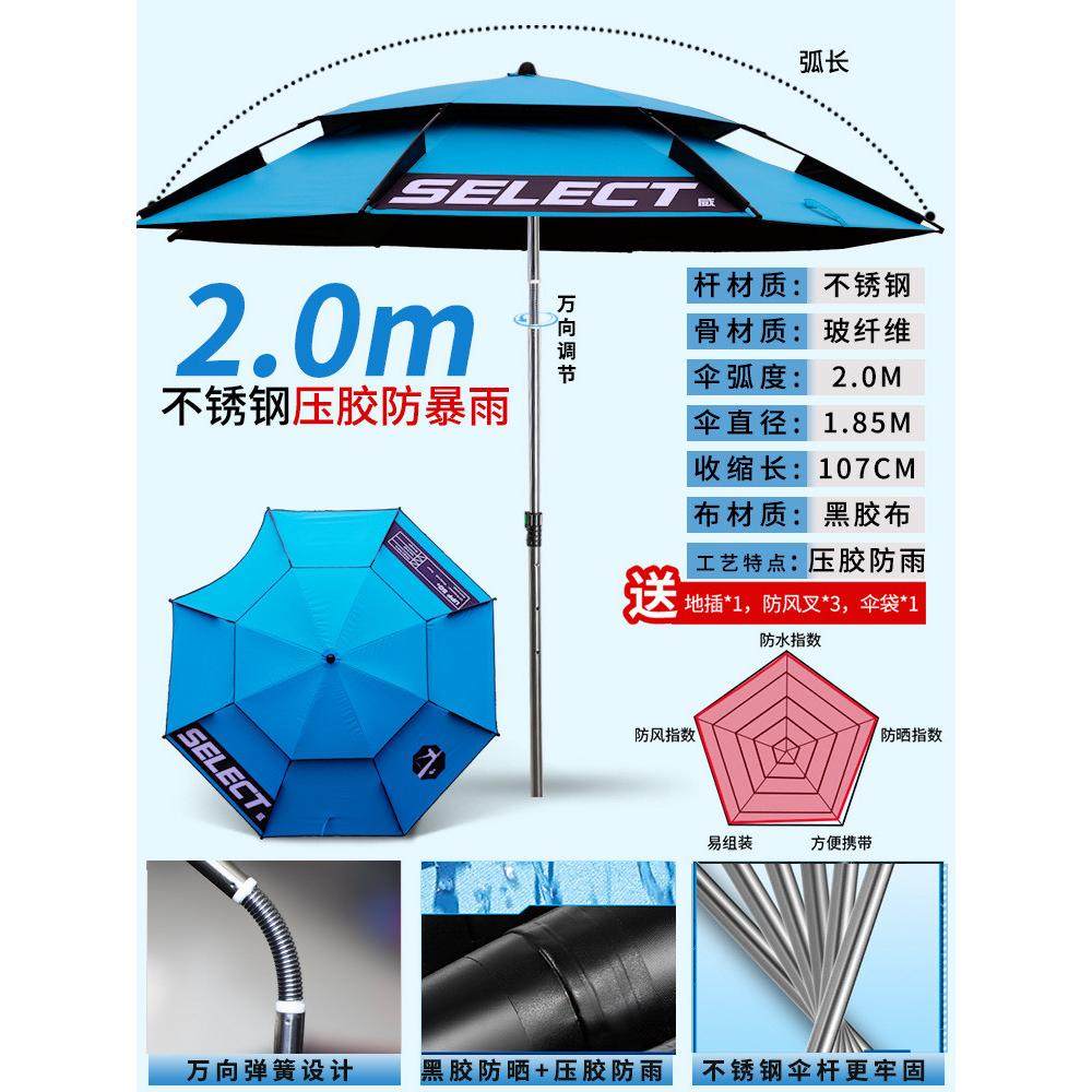 戴威营万向2.4m双层黑胶不锈钢钓鱼伞防雨晒钓伞户外遮阳伞加厚伞