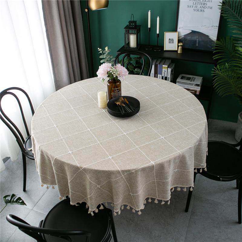 现代简约棉麻提花格子盖台布圆形流苏桌布茶几巾餐桌布厂家圆桌