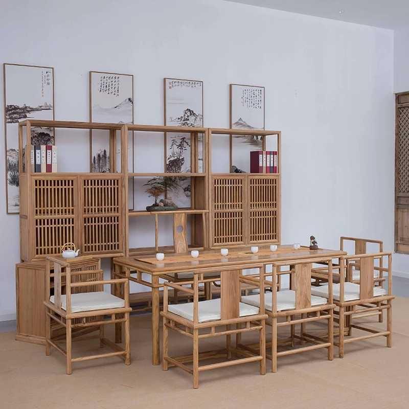 新中式茶桌老榆木办公桌黑胡桃桌简约禅意会客实木泡茶台一体