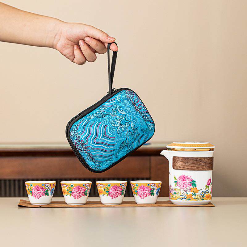 热销旅行茶具套装一壶四杯便携式皮包陶瓷高端快客杯茶具随身茶具