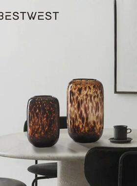 热销博西琥珀色家居豹纹玻璃花瓶摆件家居设计师软装饰品水培花器