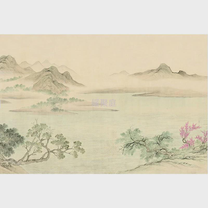 y圎2新中式暖色电视背景墙纸壁纸客厅古典山水墙布卧室装饰影视墙