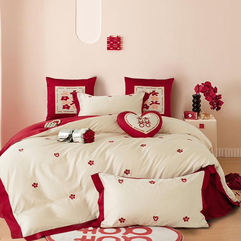 舒尊客||婚庆100支结婚全棉多件套长绒棉四件套送礼大红刺绣被套