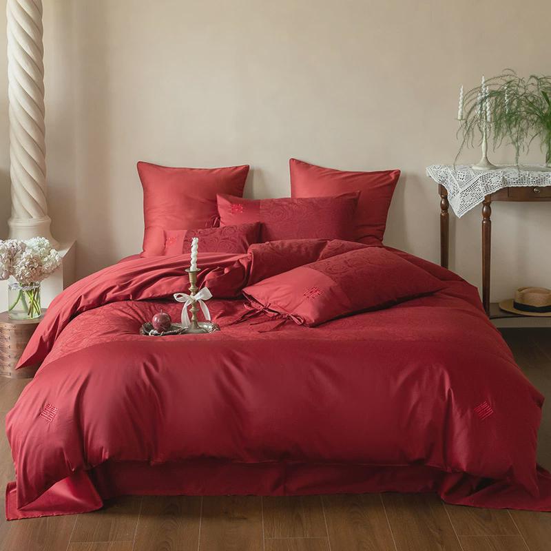 xei3婚庆100s长绒棉四件套少女红色刺绣被套结婚床上用品花卉