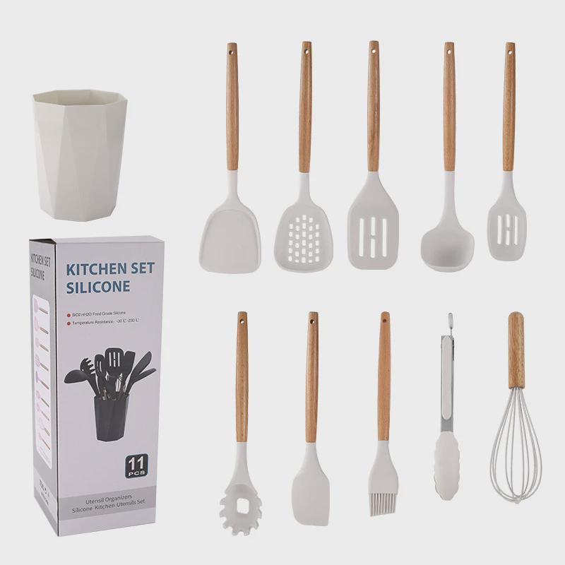 厨具榉木硅胶厨具11件套硅胶锅铲烹饪铲勺套装带桶彩盒硅胶新款套