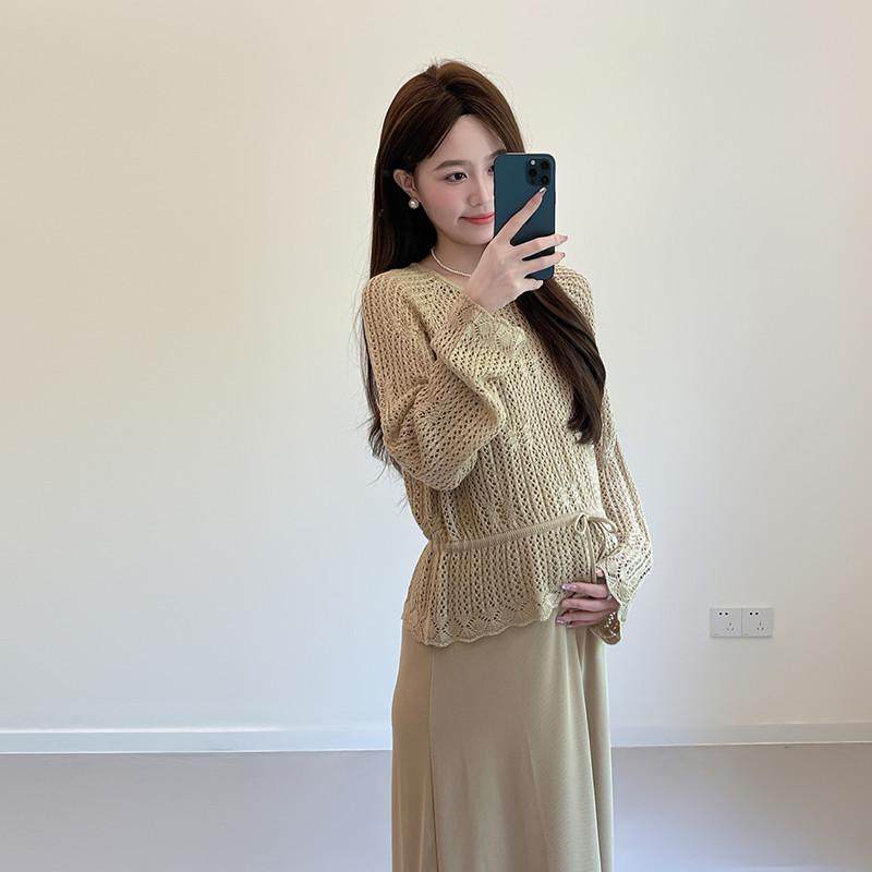 孕妇装早秋新款设计感镂空衫抽绳罩衫两件套装