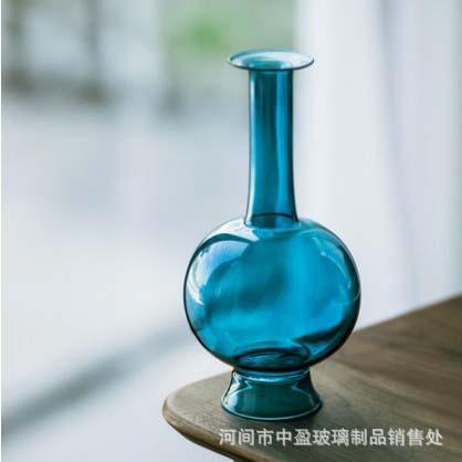 日式蓝色花器透明磨砂新中式琉璃玻璃花瓶摆件文人器花道插花