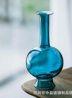 日式蓝色花器透明磨砂新中式琉璃玻璃花瓶摆件文人器花道插花