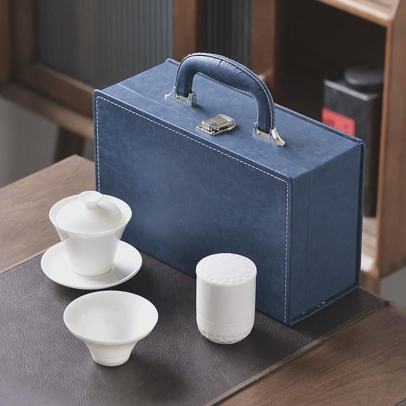 德化白瓷旅行功夫茶具套装家用户外便携式泡茶杯盖碗礼品自饮杯