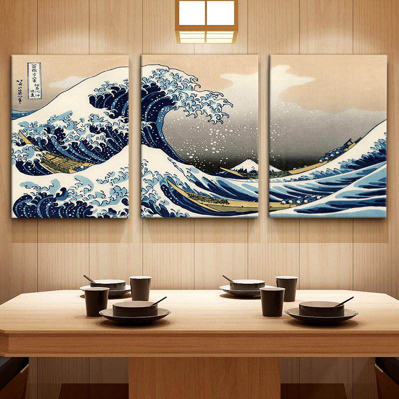 神奈川冲浪里浮世绘原木风海浪挂画民宿酒店日式壁画客厅装饰画