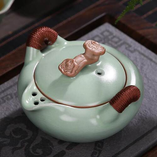 39n汝窑茶壶过滤网开片如意手抓壶功夫茶具陶瓷单壶小号一壶两杯