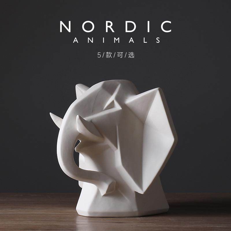 素烧抽象北欧风动物白色象头摆件 现代简约酒店会所家居装饰品