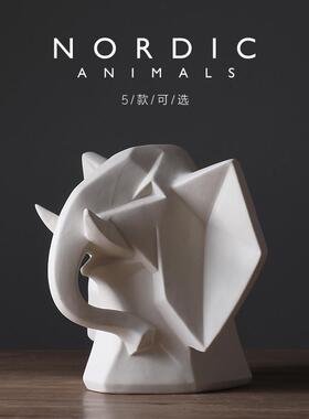 素烧抽象北欧风动物白色象头摆件 现代简约酒店会所家居装饰品