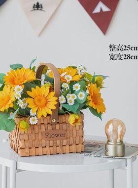 精致露营派对野餐向日葵高档编织花篮户外拍照道具仿真花假花装饰