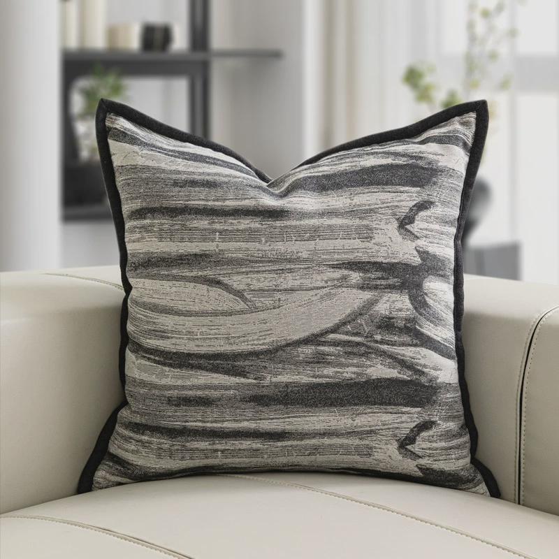 设计师软装水墨画新中式轻奢酒店样板间靠枕黑白抱枕靠垫棉麻质感