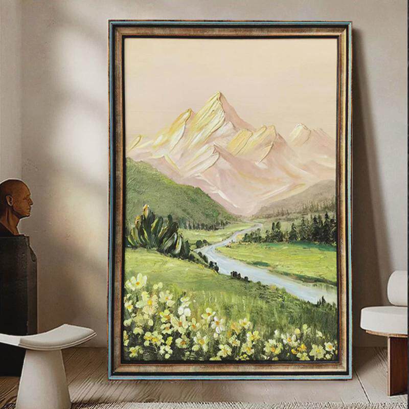 北欧客厅装饰画日照金山玄关风景挂画壁画手绘油画3d立体半落地画
