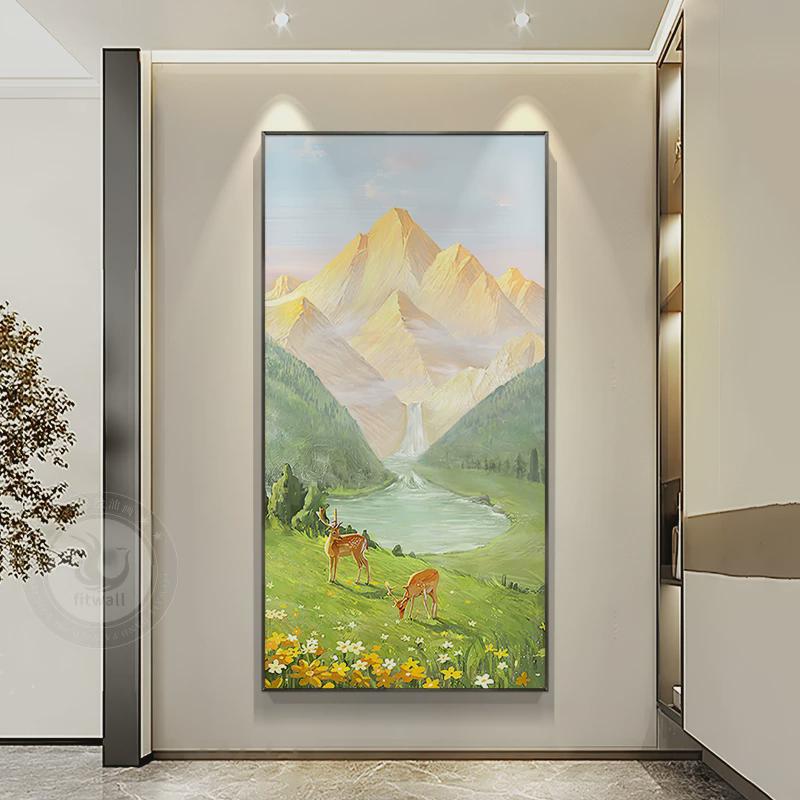 fitwall手繪山水油畫玄關裝飾畫豎金山聚寶盆鹿現(xiàn)代簡約走廊掛畫