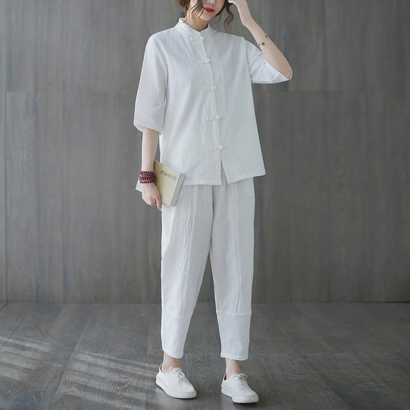 棉麻复古宽松中式盘扣上衣太极服晨练功服女禅意立领茶服两件套