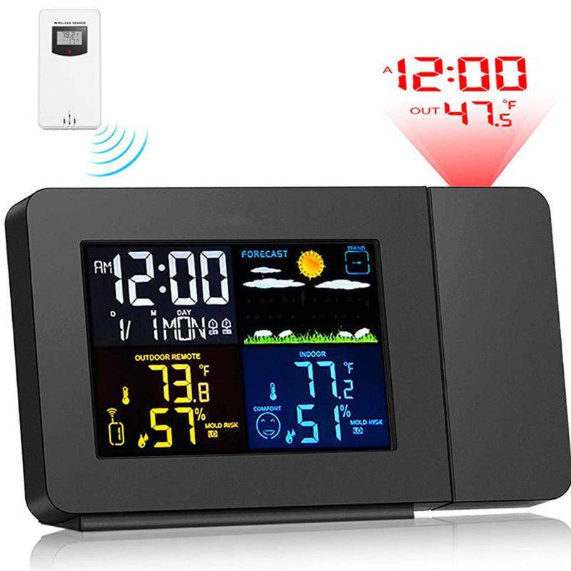 简约彩屏投影闹钟天气预报贪睡时钟室内外温度气象钟室外温度计