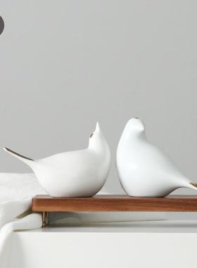 现代简约新中式陶瓷小鸟摆件根雕禅意创意茶几客厅动物装饰品新款