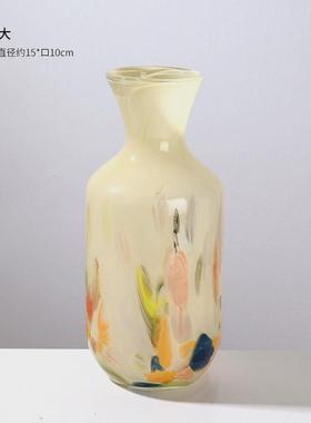 高级彩色琉璃中古芬家居奶黄色创意玻璃花瓶客厅茶几顿插花装饰