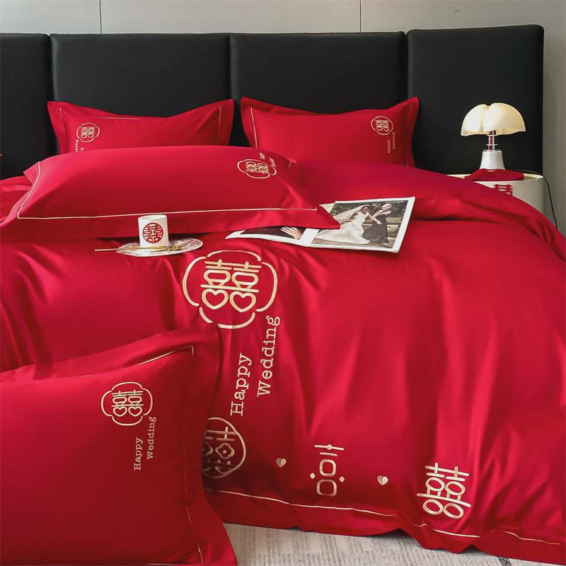 全棉长绒棉婚庆结婚四件套纯棉大红色陪嫁婚房礼新婚床上用品套件