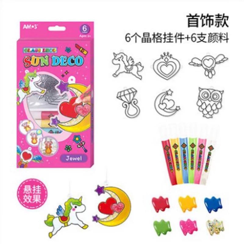 AMOS圣诞款胶画儿童免烤玻璃画窗贴自然晾干立体女孩卡通挂件