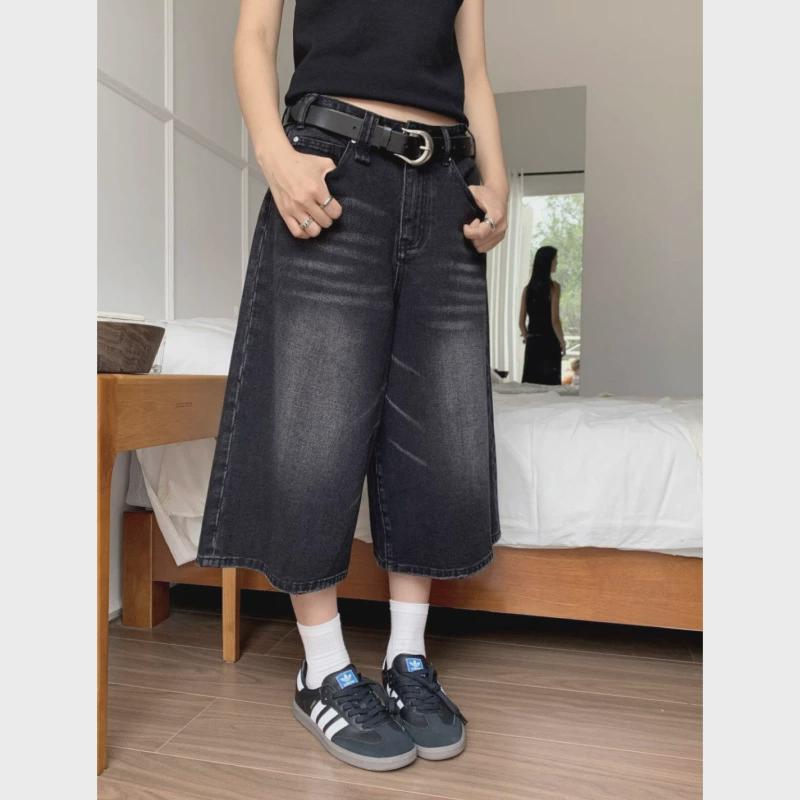 美式黑色牛仔七分裤女夏季复古中裤宽松五分裤直筒裤子大码短裤炸