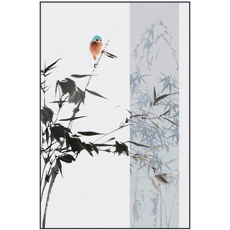 新中式现代轻奢客厅竹子水墨玄关装饰画小鸟背景墙壁中国风挂画