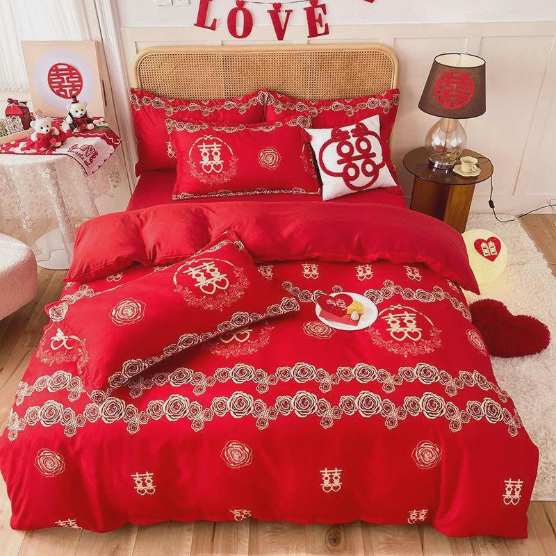 新婚四件套四季斜纹磨毛床单被套结婚大红色婚庆用品三件套纯色