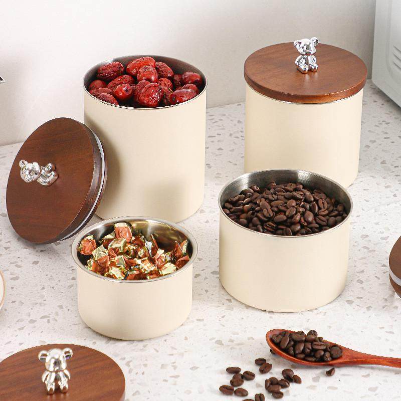 304圆形保鲜密封罐带刻度实木盖子咖啡豆咖啡粉罐防潮坚果补品盒
