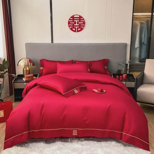 J6DA简约中式100支结婚四件套大红色床单被套新婚庆床上用品