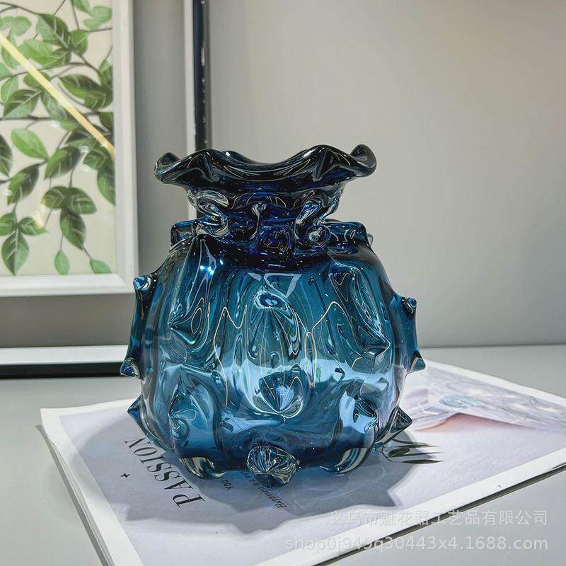 轻奢简约艺术琉璃器餐桌蓝色插花花瓶玄关创意克莱因蓝色装饰摆件