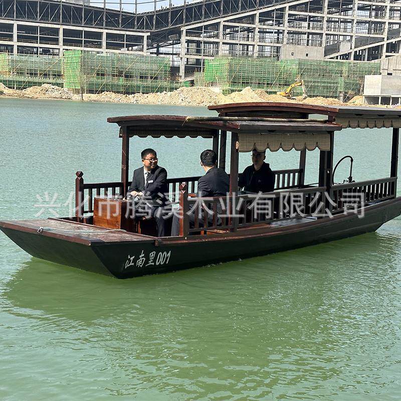 景区水上仿古电动手划摇橹餐饮表演观光旅游实木婚礼乌篷高低木船